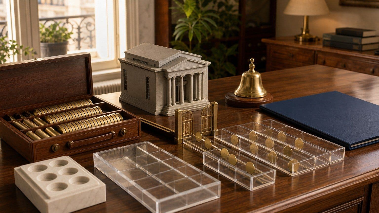 Maqueta de una empresa junto a una puerta de mercado abierta y bandejas que representan la venta pública de acciones existentes.